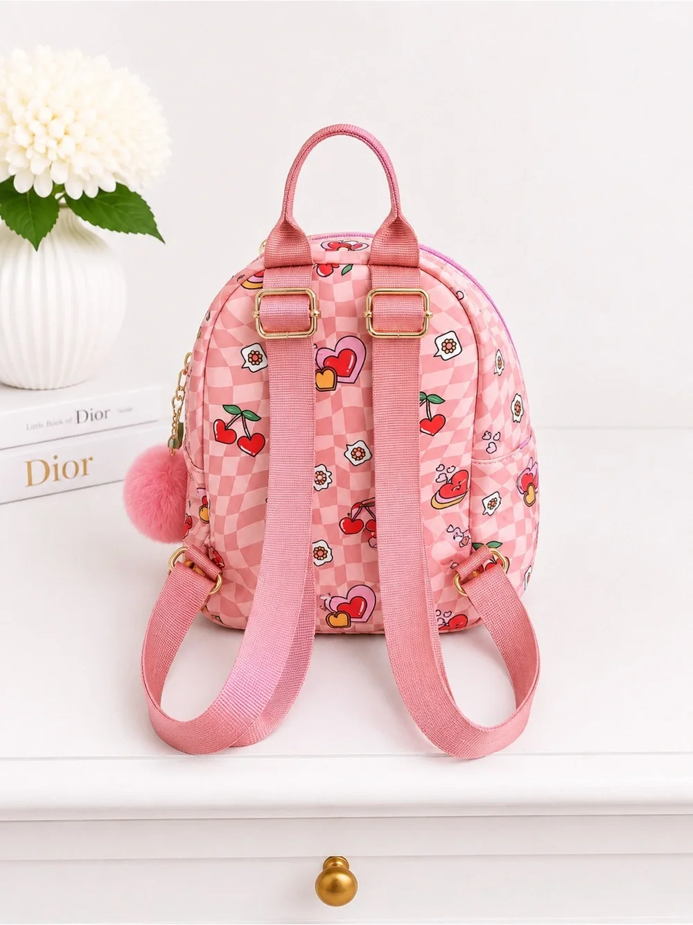 Pink Cherry Print Mini Backpack with Pom Pom